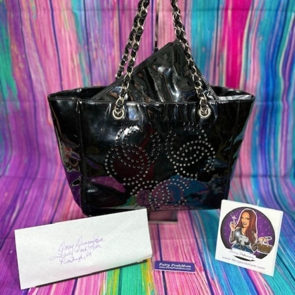 Chanel Patent Leather Chain Tote  and Pouch– “Pancing Triple Coco Mark” – Black